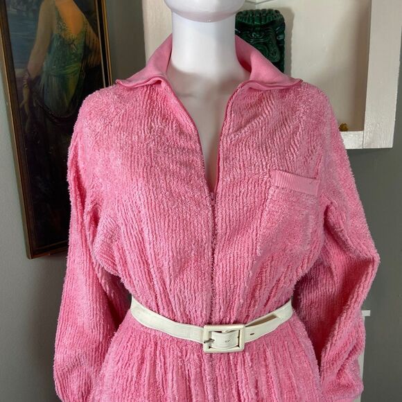 Vintage 80s 90s Bubblegum Pink Chenille Jumpsuit S/M/L Leisure Life terrycloth - Picture 5 of 15